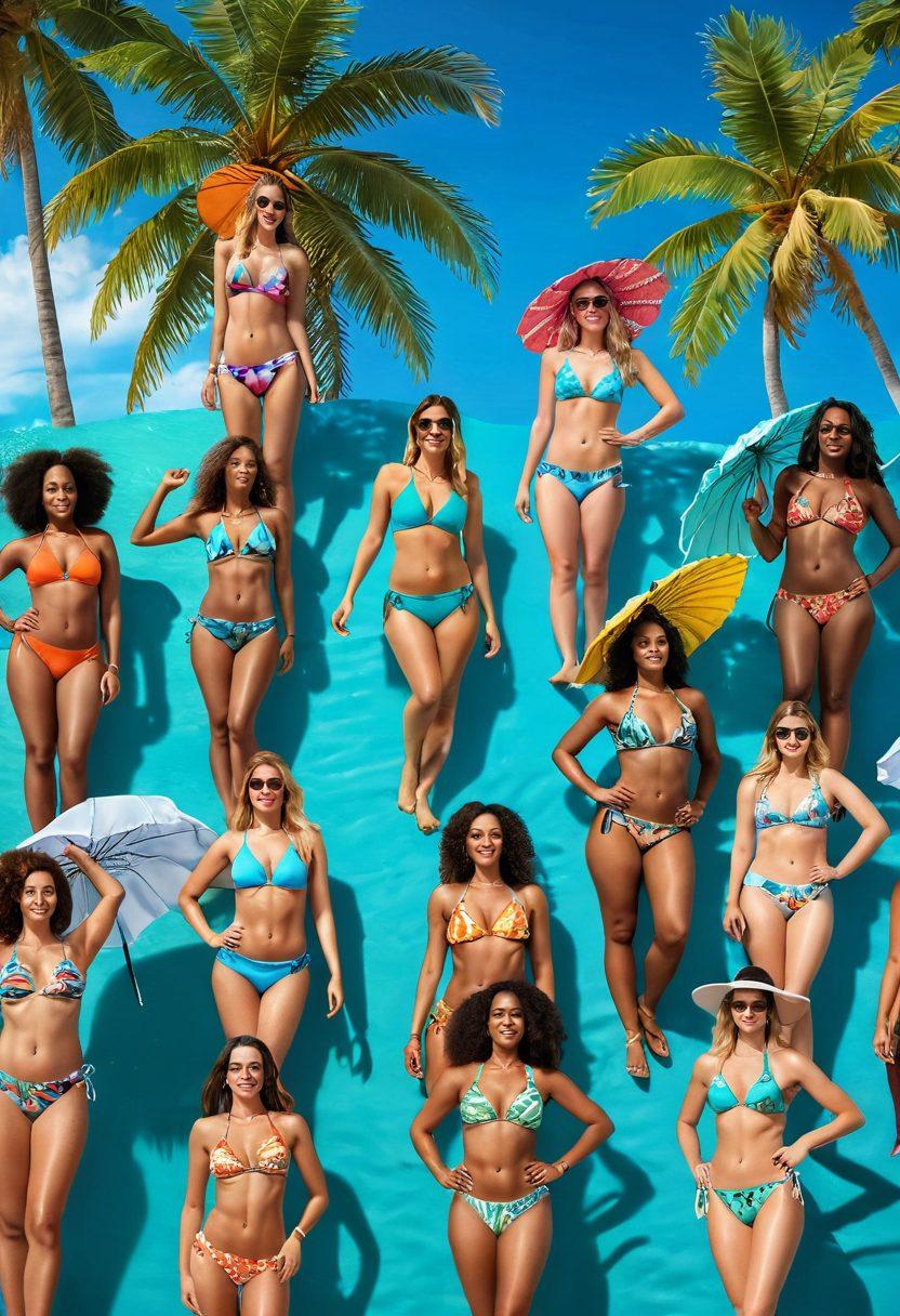 A vibrant beach scene featuring diverse women of different body types confidently wearing trendy Brazilian bikinis, surrounded by tropical palm trees and bright summer umbrellas. The backdrop includes crystal clear waters and a sunny sky, showcasing a variety of styles and patterns of bikinis. The atmosphere radiates fun and empowerment. super-realistic. vibrant colors. 3D.
