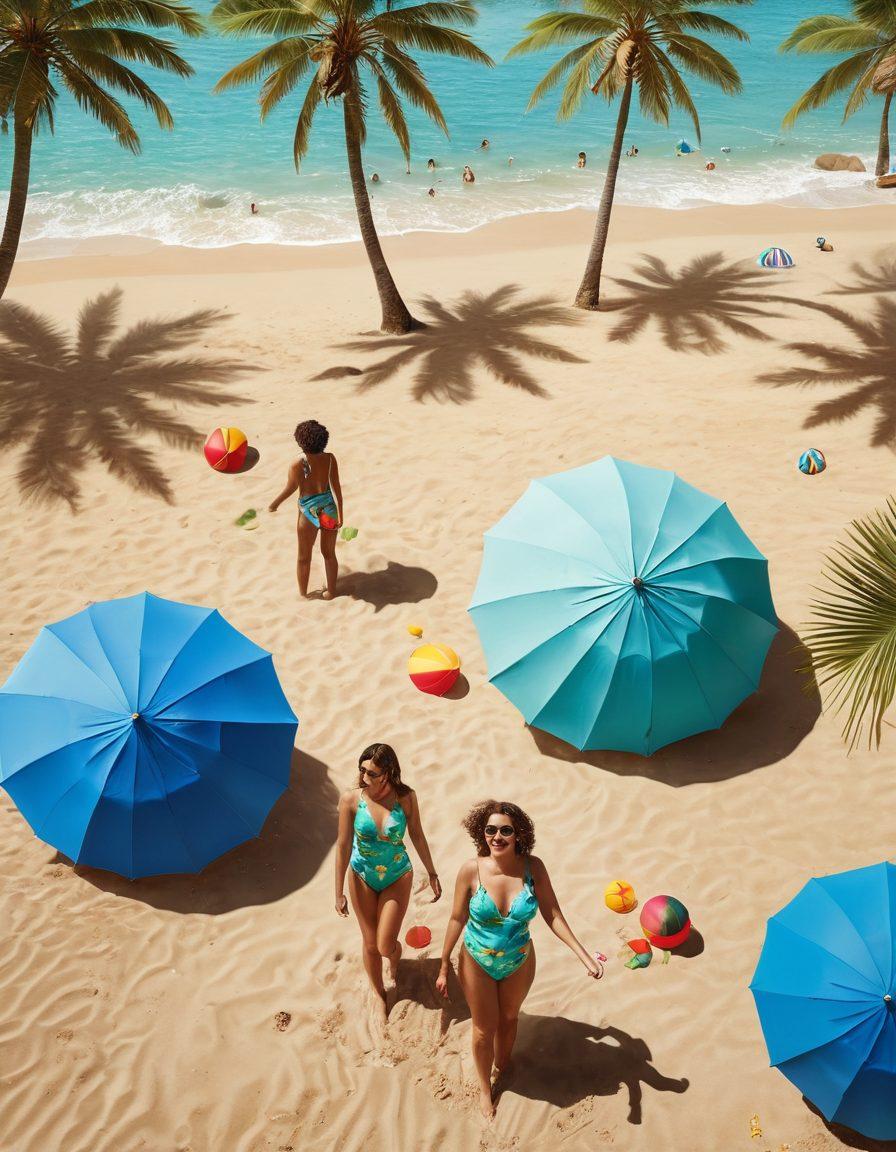 A serene beach scene showcasing diverse individuals enjoying their eco-friendly swimsuits made from sustainable materials. Include vibrant beach umbrellas, clear blue waters, and playful beach ball activities in the background. Sunlight filters through palm trees, creating a warm and inviting atmosphere. Highlight a few unique swimsuit designs that reflect nature-inspired patterns. bright colors. super-realistic.