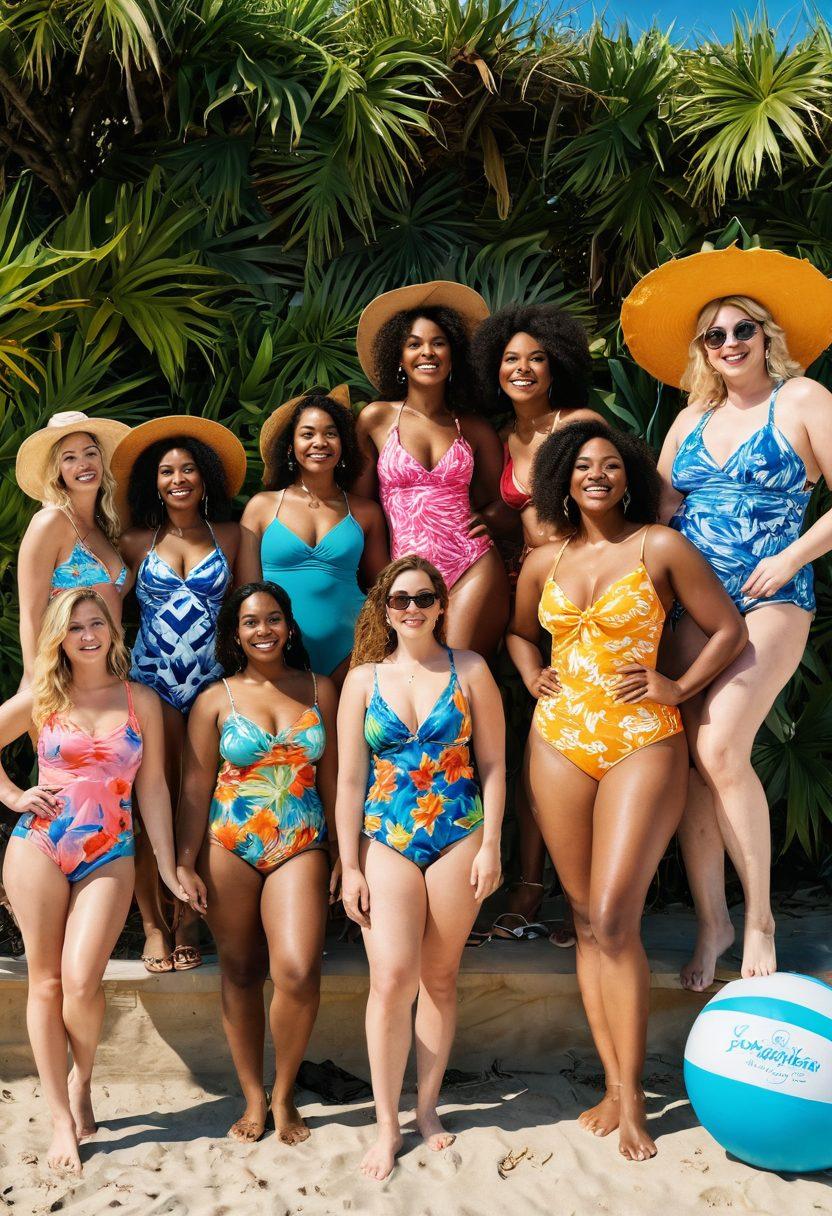 A diverse group of women of various body types joyfully trying on colorful swimwear at a beachside boutique, showcasing vibrant patterns and styles that promote body positivity. The scene is filled with sunlight, tropical plants, and beach accessories, creating an inviting and cheerful atmosphere.
super-realistic. vibrant colors. beach setting.